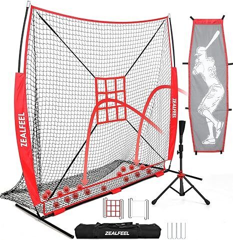 Baseball Net, 7x7 ft Pitching & Batting Net with Dummy Batter, Large Ball Collection System, 2 Strike Zones, Batting Tee, Carry Bag, Baseball Softball Net for Batting Pitching Hitting - Lot 5753