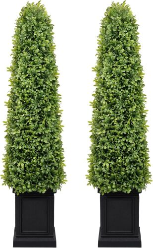 Topiary Trees Artificial Outdoor Set of 2, Artificial Boxwood Plants Outdoor Porch Trees, All-Year Green Fake Plant with Sturdy Pot for Front Porch - Lot 5828