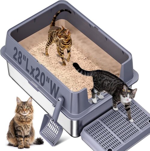 Stainless Steel Litter Box , 28"L*20"W*12"H XXL Extra Large Litter Boxes with lid ,Metal Litter Box with Hight Sides for Big Cats& Multiple Cats,Never Absorbs Odors, Anti-Urine Leakage, Easy Cleaning - Lot 5858