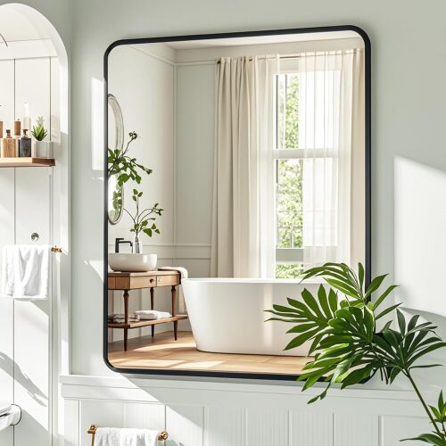 Black Bathroom Mirrors for Over Sink, Rectangle Bathroom Vanity Mirror for Wall, Modern Metal Frame Rectangular Mirror for Restroom Powder Room Toilet, Shatterproof, Tempered Glass - Lot 5861
