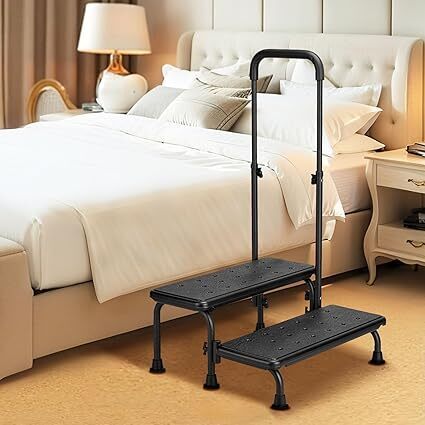 2 Step Stool with Handle for Elderly, Heavy Duty Step Stool with Adjustable Handrail, Non-Skid Platform and 6 Fixing Buckle, Bed Steps for High Beds for Adults, Seniors, Hold up to 450LBS Black - Lot 5890