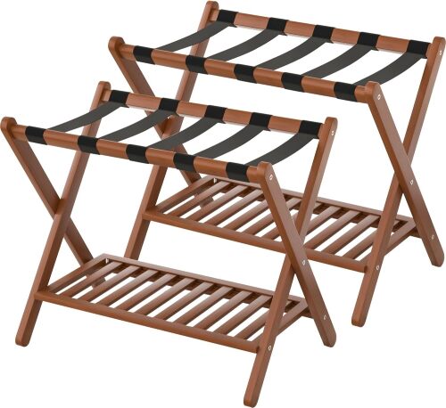 Luggage Racks Set Of 2 Suitcase Stand Foldable With Storage Shelf For Guest Room Hotel Essentials Solid Bamboo Heavy-Duty Item Holder - Lot 5944