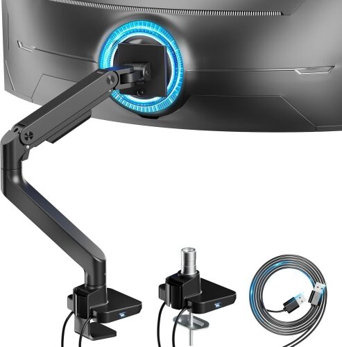 Ultrawide Monitor Arm with USB A/C, for 17 to 49 inch Heavy Duty Screen, Holds 44 lbs, Adjustable Gas Spring Arm Desk Mount with Clamp and Grommet Base - Lot 5950