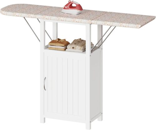 Ironing Board with Storage Cabinet, Folding Ironing Board with Extra Storage, Solid Wood Fold Down Ironing Station with Heat-Resistant Sponge for Small Spaces, Laundry Room - Lot 5952