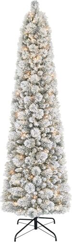 Pre-Lit Flocked Portland Pine Pencil Christmas Tree with 300 Clear Lights, 410 Realistic Dense Snow Flocked Branch Tips, Easy Setup Artificial Trees with Sturdy Metal Stand - Lot 5953