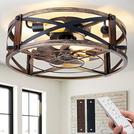 armhouse Flush Mount Ceiling Fans with Lights and Remote, Industrial Black and Gold Caged - Lot 10001