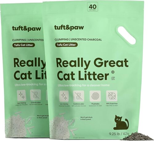 Really Great Cat Litter, Low Tracking Tofu Cat Litter, Clumping, Flushable, Odor Control, Dust-Free, Unscented - 9.25lbs x 2Bags - Lot 10006