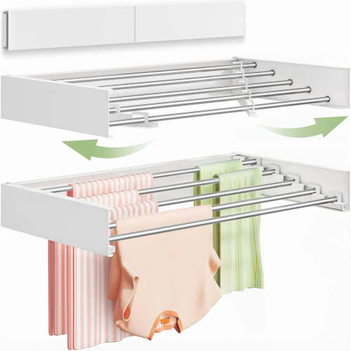 Wall Mounted Clothes Drying Rack 32", Foldable Wall Mount Laundry Rack Folding Indoor, Drying Rack Clothing Collapsible, Hidden Space Saver with Wall Template, 5 Rods - Lot 10013
