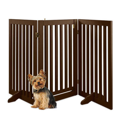 31.5in 3-Panel Freestanding Wooden Pet Gate w/ Door, Support Feet - Lot 6026