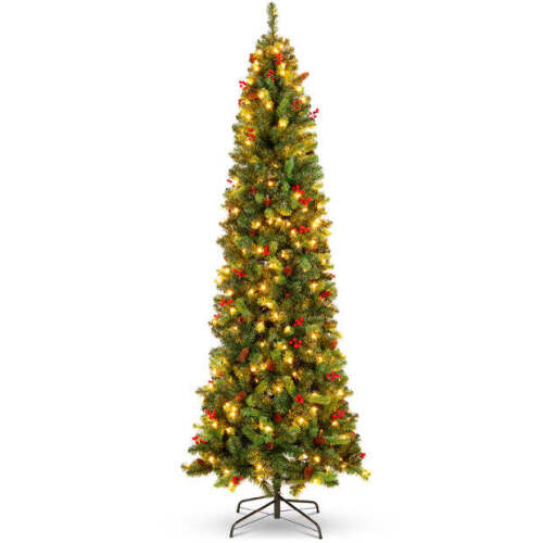 12ft Pre-Lit Spruce Pencil Christmas Tree w/ Berries, Pine Cones - Lot 6043