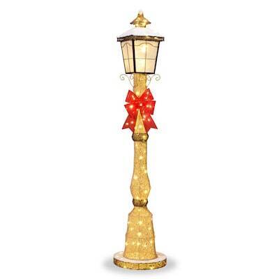 Large Outdoor Christmas Lamppost Decoration, 6ft Tall with Lighted Bow, 100 LEDs - Gold - Lot 6055