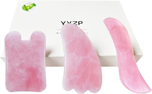 Natural Rose Quartz ChineseGuaSha Board,Scraping Massage Tools for Acupoint Trigger Point Treatment, Suitable for Facial, Body Care, 3 Set - Lot 6076