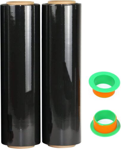 2-Pack Black Stretch Wrap 18" x 1000 Feet 80 Gauge Industrial Strength with Plastic Handle, Plastic Pallet Supplies Durable Self-Adhering for Packing, Moving, Heavy Duty Shrink Film Rolls - Lot 6082