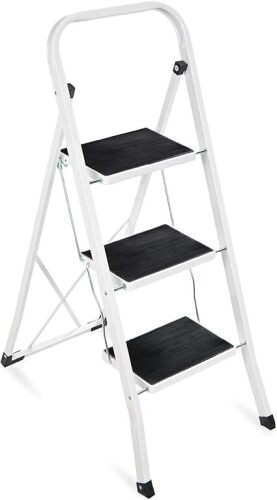 3 Step Ladder Folding Sturdy Lightweight Portable Step Stool for Kitchen, Bedroom, Home w/Non-Slip Rubber Feet, Padded Platforms Pads, 330lb Capacity - White - Lot 6256
