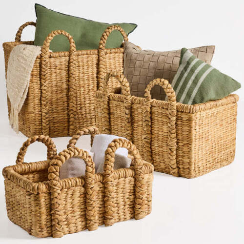 3Pc Shelf Baskets, Small, Large & XL Chunky Woven Baskets w/ Braided Handles - Lot 6263