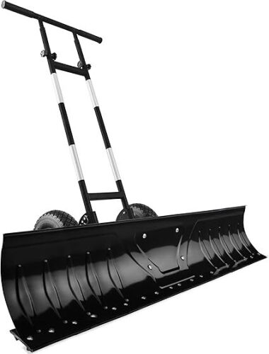 48in Heavy-Duty 2-Wheel Snow Pusher Hand Plow for Snow Removal w/Wheels, Adjustable Handle, Blade Angle - Black - Lot 6228