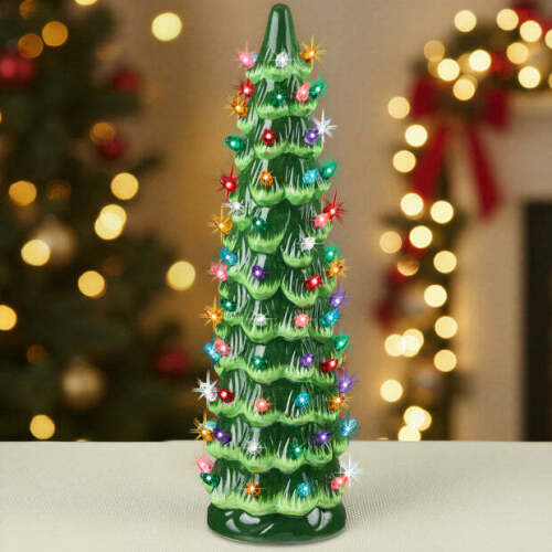 21in Ceramic Christmas Tree, Hand-Painted Holiday Decor w/ LED Lights - Lot 6223