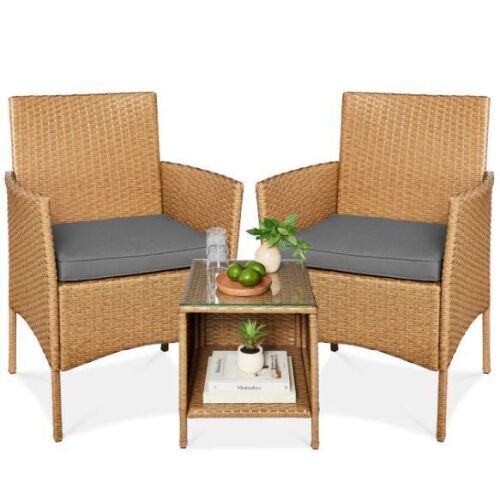 3-Piece Outdoor Patio Wicker Bistro Set w/ Side Storage Table - Lot 339