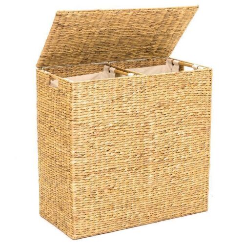 Large Water Hyacinth Double Laundry Hamper Basket w/ 2 Liner Bags - Lot 396