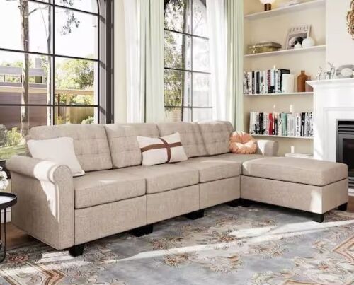 PHI VILLA 102.2 in. Modern Linen Sectional Sofa with Ottoman in Beige - Lot 4JF