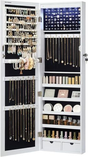 SONGMICS 6 LEDs Mirror Jewelry Cabinet, 47.2-Inch Tall Lockable Wall or Door Mounted - Lot 305