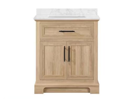 Home Decorators Collection Doveton 30 in. Single Sink Freestanding Weathered Tan Bath Vanity with White Engineered Marble Top - Lot 5JF