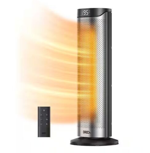 DREO 1500-Watt 23 in. Portable Indoor Ceramic Convection Electric Space Heater, 70° Osc w/Remote, 3-Heat Levels in Silver - Lot 734JF