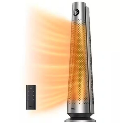 DREO 1500-Watt 30 in. Ceramic Convection Electric Space Heater w/Remote, 120° Osc 5-Heat and 3-Fan Levels, 25dB in Silver - Lot 736JF