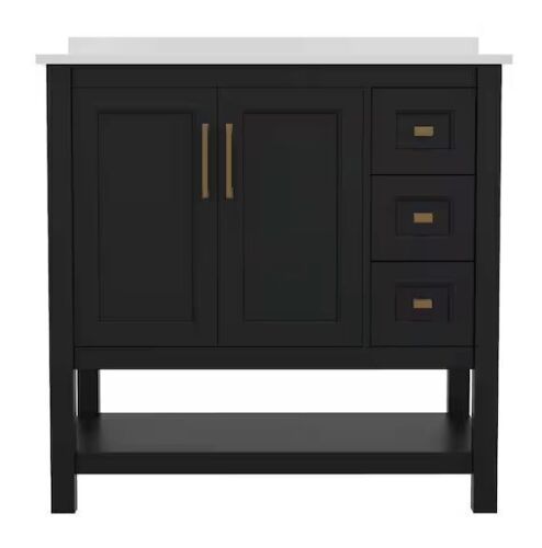 Carnegy Avenue Vega 36 in. Black Bathroom Vanity Sink, Storage Cabinet, Open Shelf, 3 Drawers, White Carrara Marble Finish Countertop - Lot 29JF