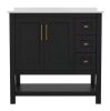 Carnegy Avenue Vega 36 in. Black Bathroom Vanity Sink, Storage Cabinet, Open Shelf, 3 Drawers, White Carrara Marble Finish Countertop - Thumbnail 1