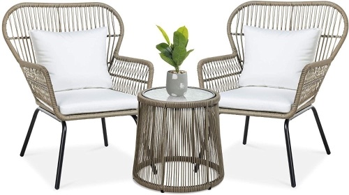 3-Piece Patio Wicker Conversation Bistro Set w/ 2 Chairs, Glass Top Table - Lot 144