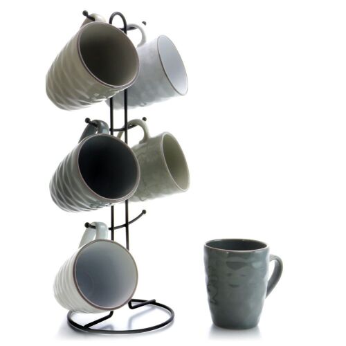 Elama Tahitian Waves 6-Piece 12 oz. Stoneware Coffee Tea Mug Set with Wire Stand - Lot 424