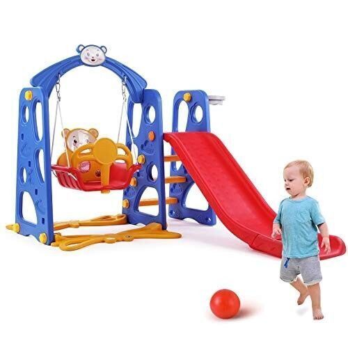 LAZY BUDDY 4 in 1 Kids Slide Swing Set Toddler Climber Playground - Basketball Goal Rim is Cracked - Lot 598