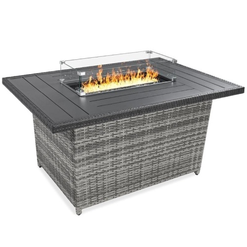 Wicker Propane Fire Pit Table, 50,000 BTU w/ Glass Wind Guard, Cover - 52in - Lot 693