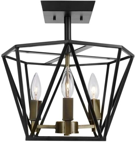 Globe Electric Sansa 3-Light Semi-Flush Mount Ceiling Light, Dark Bronze Finish, Antique Brass Accents - Lot 786