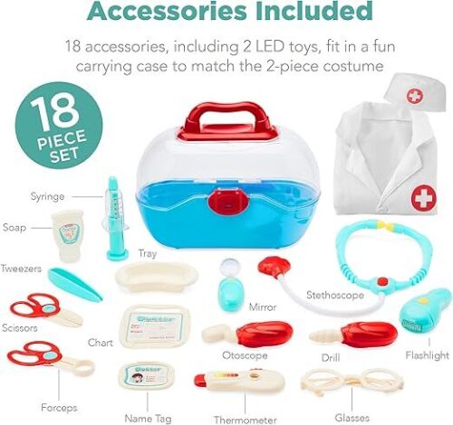 Pretend Play Doctor Kit, Boys & Girls Doctor's Outfit, Toy Medical Set w/ 18 Accessories, Coat, Hat, Carrying Case, 2 LED Toys - Lot 6354