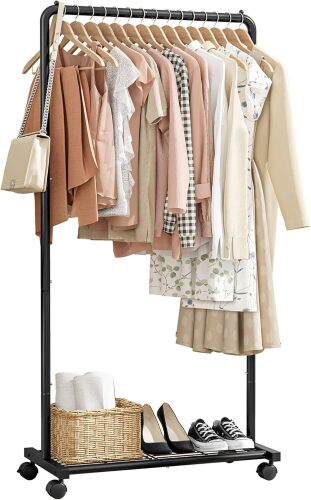 Clothing Rack with Storage Mesh Shelf & Casters, Heavy-Duty Metal Clothing Rack for Hanging Clothes, Dresses, Coats, Large Load Capacity, Easy Assembly - Lot 6451