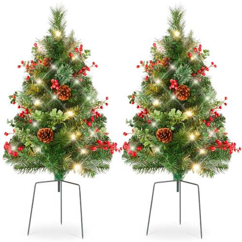 Set of 2 Pre-Lit Pathway Christmas Trees w/ Pine Cones, Timer - 24.5in - Lot 6523