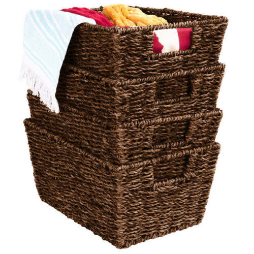 Set of 4 Seagrass Storage Tote Baskets, Laundry Organizer w/ Insert Handles - Lot 6524