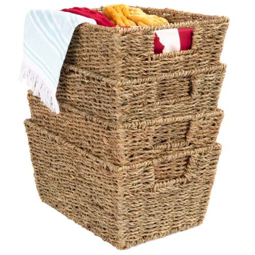 Set of 4 Seagrass Storage Tote Baskets, Laundry Organizer w/ Insert Handles - Lot 6539