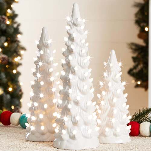Set of 3 Pre-Lit Ceramic Tabletop Christmas Trees - Lot 6718