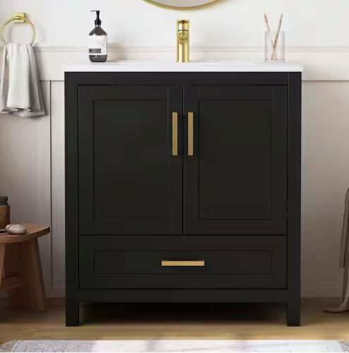 DELUXE DL LIVING Raven 31 in.W Single Sink Black Freestanding Bath Vanity with White Engineered Solid Surface Top Unassembled - Lot 27JF