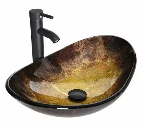 Puluomis Multi-colored Glass Oval Vessel Sink in Yellow with Black Faucet Pop Up Drain Set - Lot 103JF