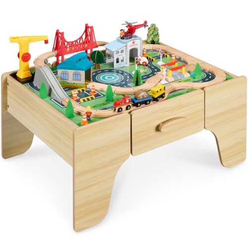 56 Piece Wooden Train Set Table for Kids w/Toy Storage Drawer - Lot 150