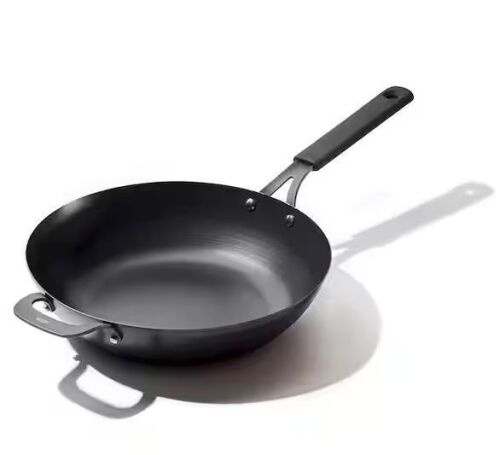 OXO Obsidian 12 in. Pre-Seasoned Carbon Steel Induction Safe Wok with Silicone Sleeve and Helper Handle in Black - Lot 324JF