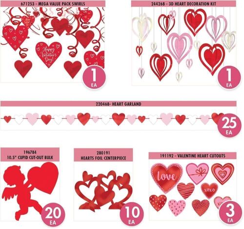 Pallet of (90) Red & Pink Valentine's Day Decorations Kit, 60pc - Lot 375