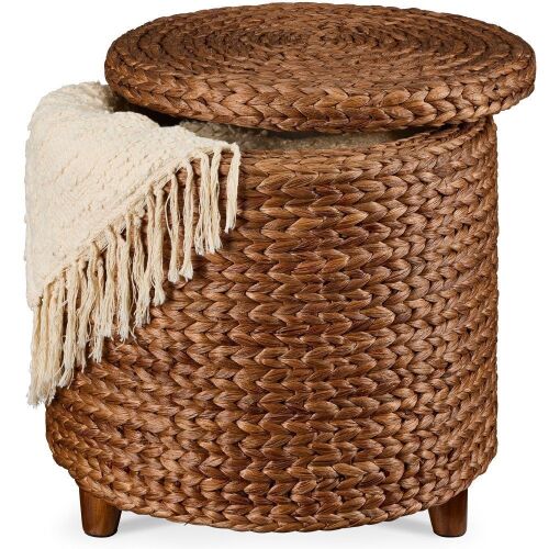 17" Round Storage Ottoman with Lid, Handwoven Water Hyacinth Footstool - Lot 438