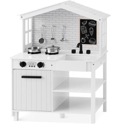 Pretend Play Wooden Farmhouse Kitchen Set w/ Storage, 5 Accessories - Lot 627