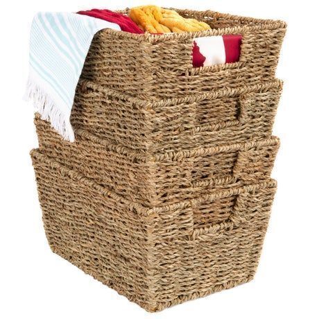 Set of 4 Seagrass Storage Tote Baskets, Laundry Organizer w/ Insert Handles - Lot 705