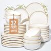 Pokini 32 Piece White Dinnerware Set with Pasta Bowls, Reactive Glaze Stoneware for 8 - Thumbnail 1